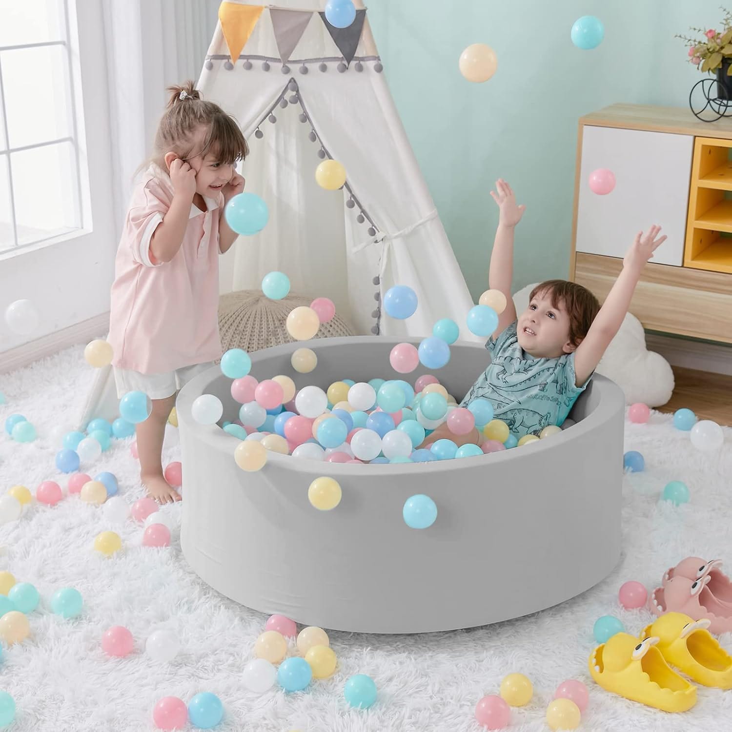 Piscina de Bolas de Espuma para Bebés (90cm): Corralito de Juego Redondo y Suave con Funda Lavable - Gris (Sin Bolas)