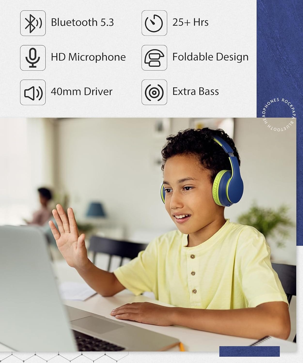 Auriculares Bluetooth Plegables E9 para Niños y Adultos: Inalámbricos con Micrófono, Estuche y Batería de 25H (Amarillo/Gris)