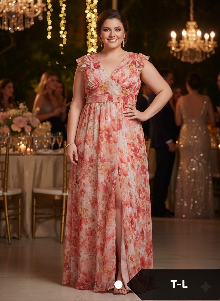 Vestido largo floral con mangas de vuelo y abertura