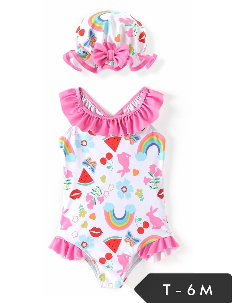 Traje de baño de bebé enterizo con gorro y estampado de arcoíris